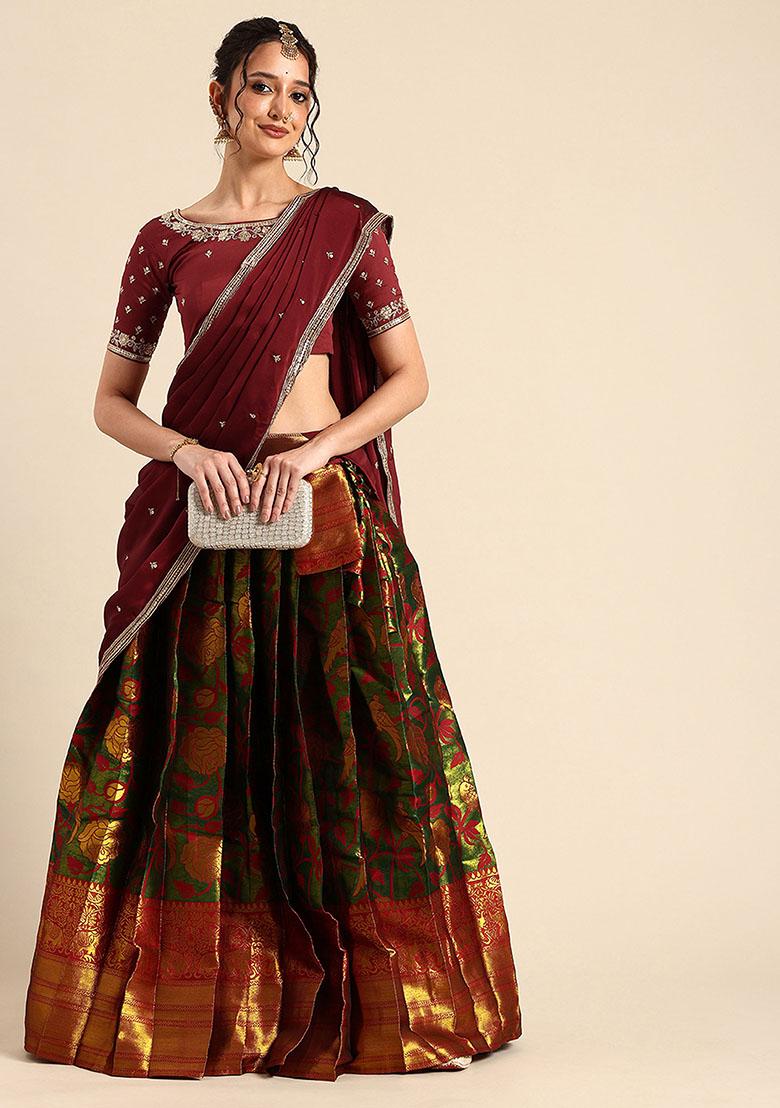 Green Zari Work Silk Lehenga Set - Indya