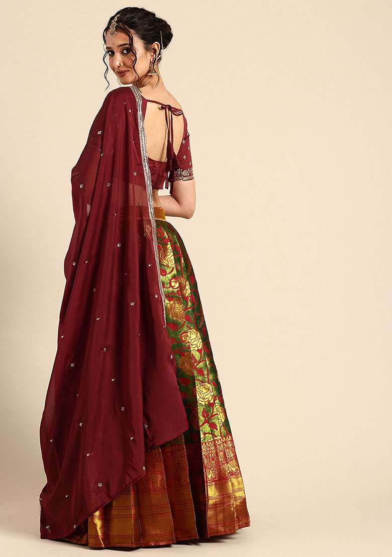 Green Silk Blend Lehenga Set with Zari Work for Diwali | Wedding & Festive Wear - Indya
