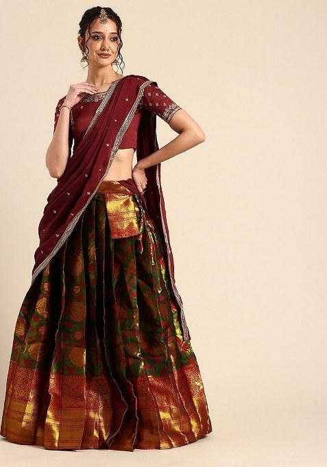 Green Zari Work Silk Lehenga Set