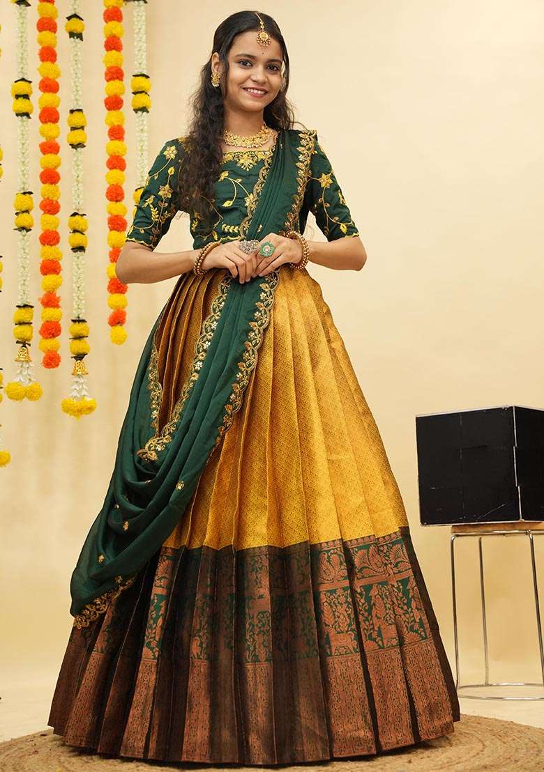 Yellow Zari Work Silk Blend Lehenga Set for Diwali and Festive Wear - Indya