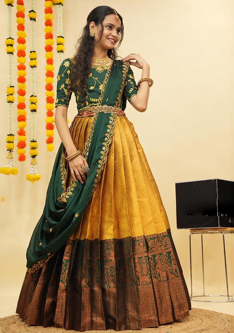 Yellow Zari Work Silk Lehenga Set - Indya