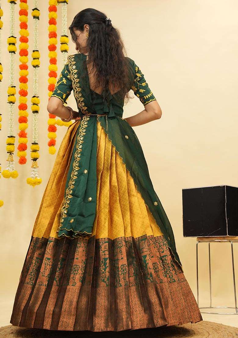 Yellow Zari Work Silk Blend Lehenga Set for Diwali and Festive Wear - Indya