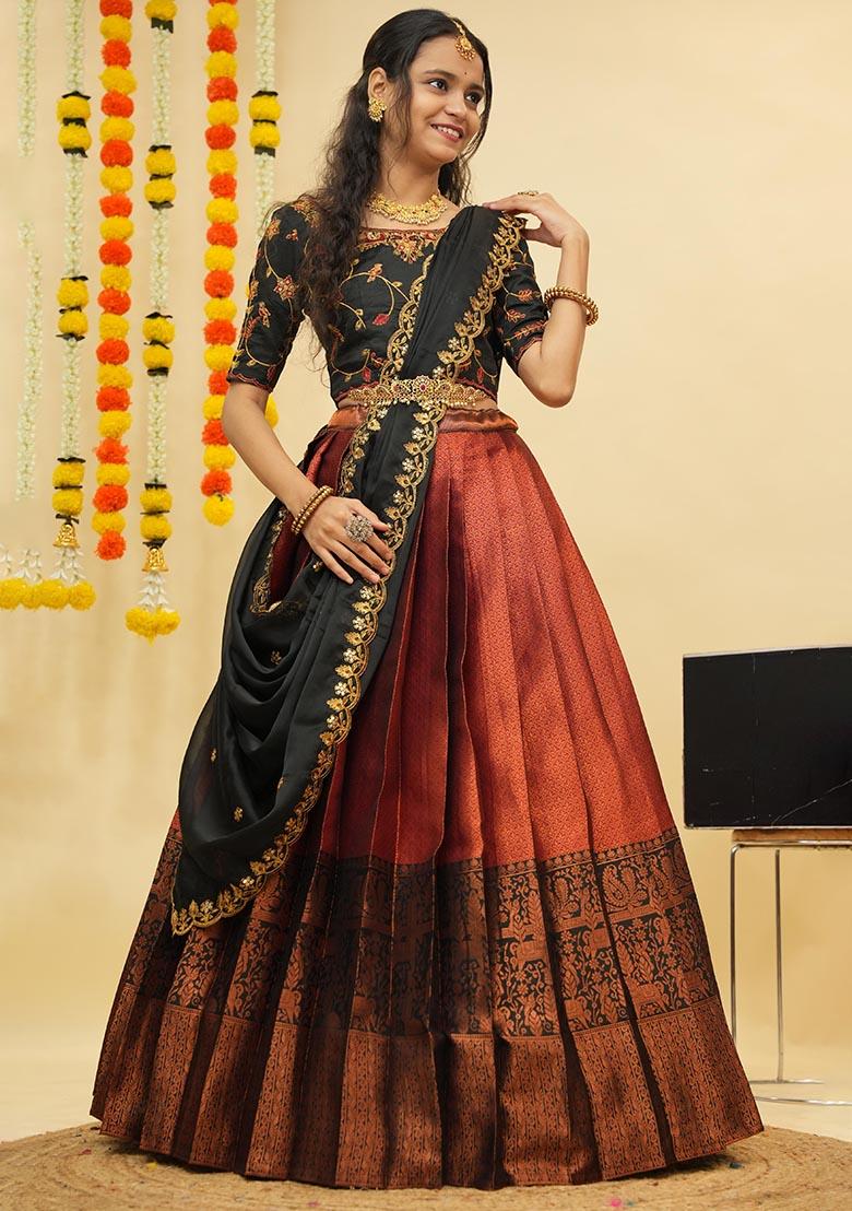 Rust Zari Work Silk Lehenga Set - Indya