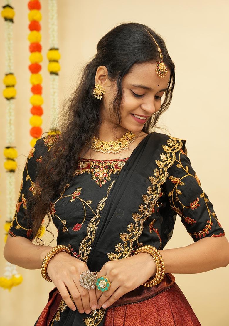 Rust Zari Work Silk Lehenga Set - Indya