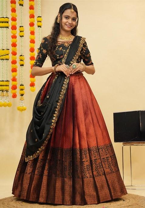 Rust Zari Work Silk Lehenga Set
