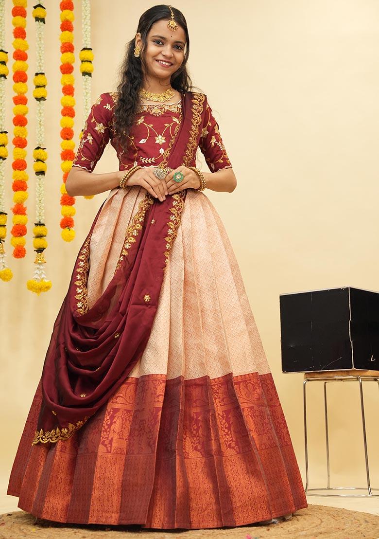 Peach Zari Work Silk Lehenga Set - Indya