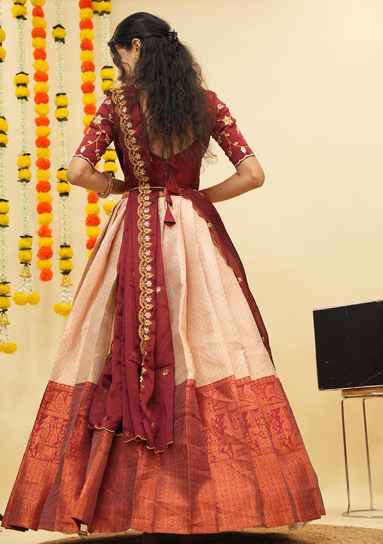 Peach Zari Work Silk Lehenga Set - Indya