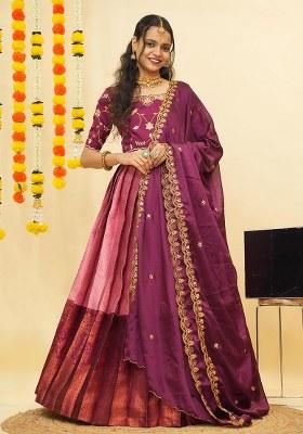 Pink Zari Work Silk Lehenga Set