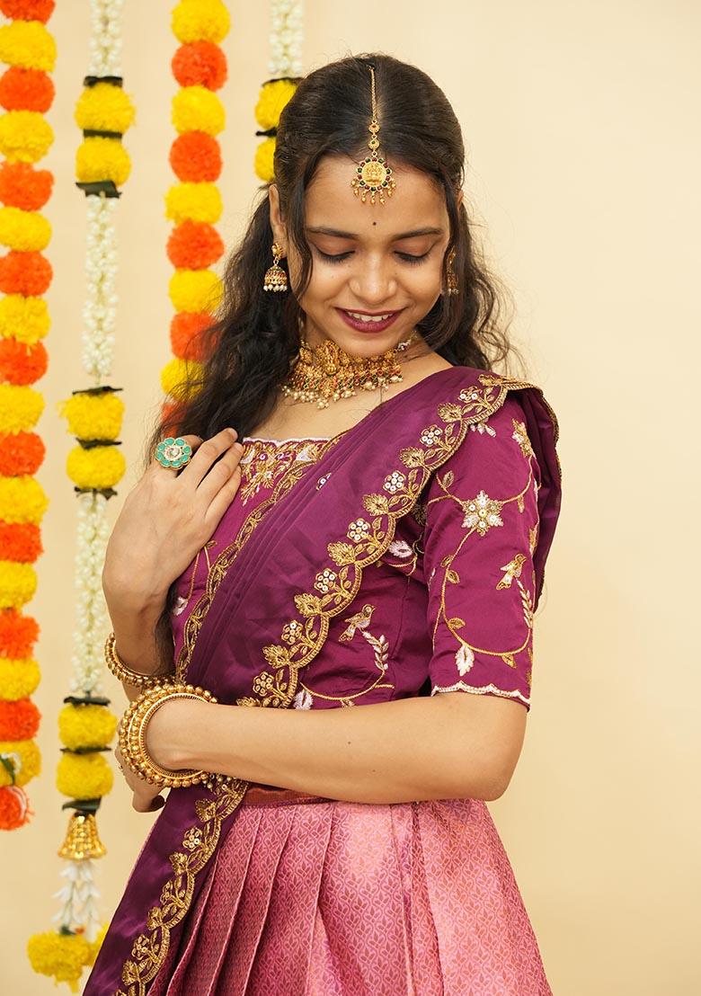 Pink Zari Work Silk Lehenga Set - Indya