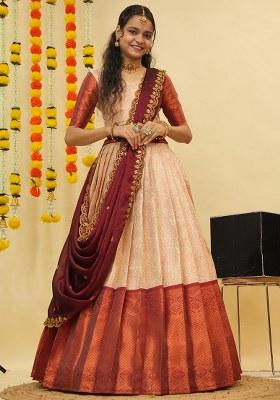 Cream Zari Work Silk Lehenga Set