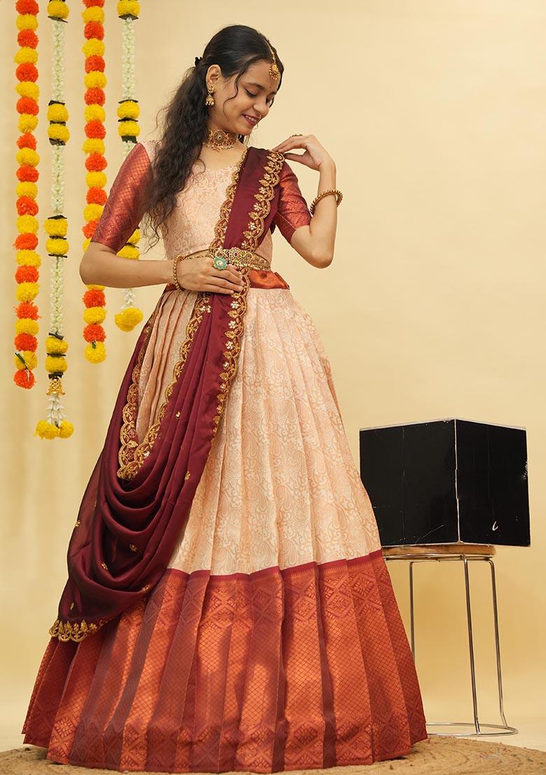 Cream Zari Work Silk Lehenga Set - Indya