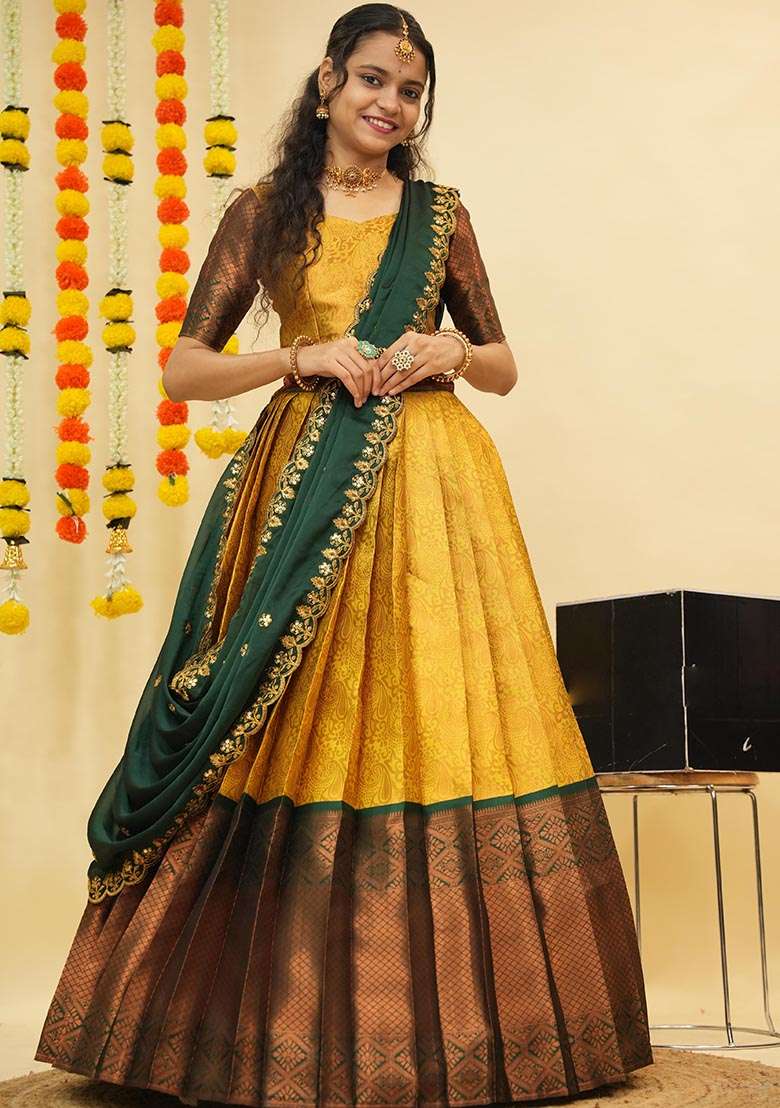 Yellow Zari Work Silk Blend Lehenga Set for Diwali and Festive Wear - Indya