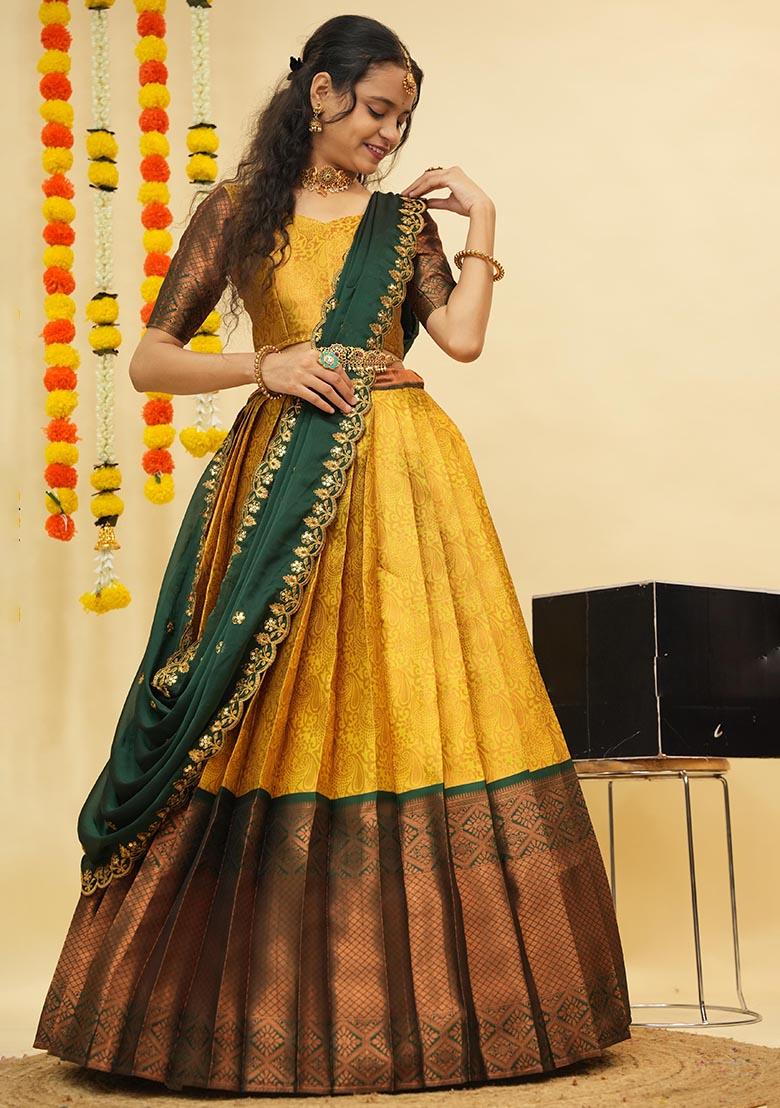 Yellow Zari Work Silk Lehenga Set - Indya