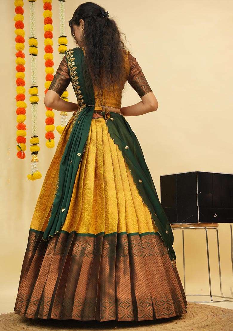 Yellow Zari Work Silk Blend Lehenga Set for Diwali and Festive Wear - Indya