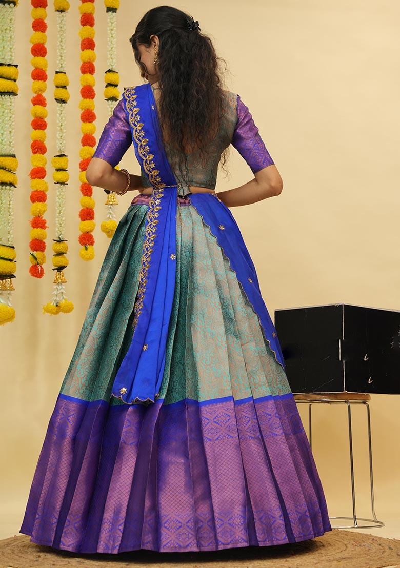 See Green Zari Work Silk Lehenga Set - Indya