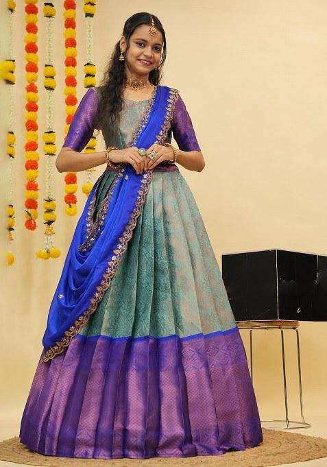 See Green Zari Work Silk Lehenga Set