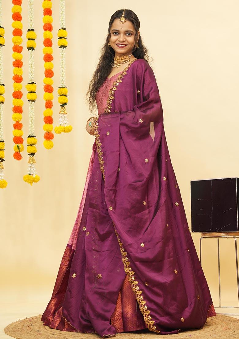 Pink Zari Work Silk Lehenga Set - Indya