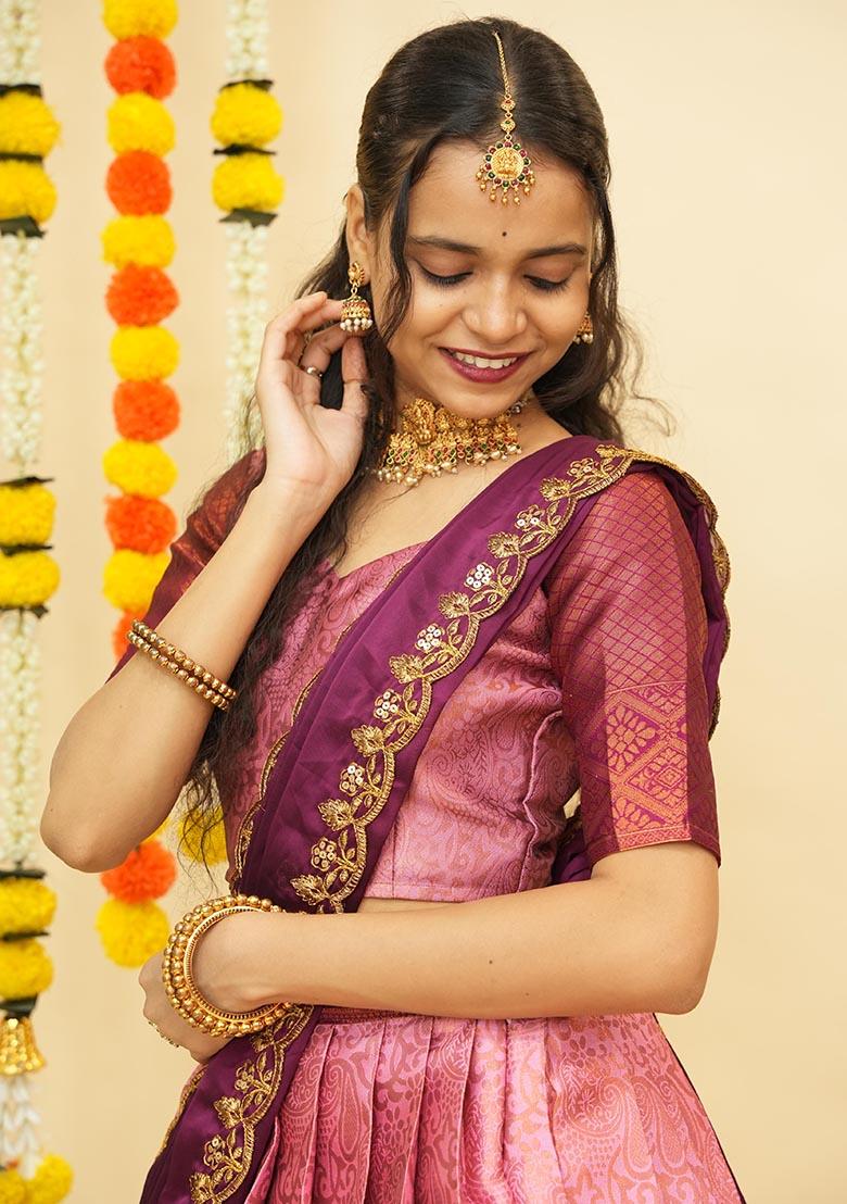 Pink Zari Work Silk Lehenga Set - Indya