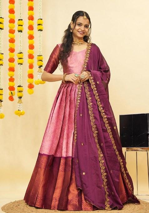 Pink Zari Work Silk Lehenga Set