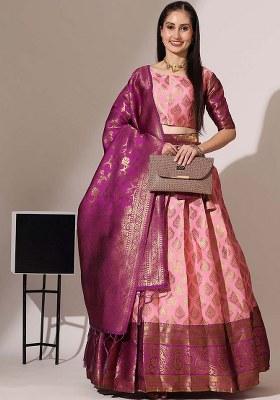 Pink Zari Work Silk Lehenga Set