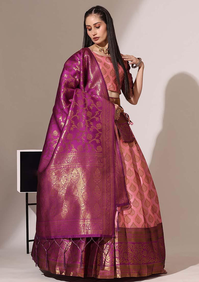 Pink Zari Work Silk Lehenga Set - Indya