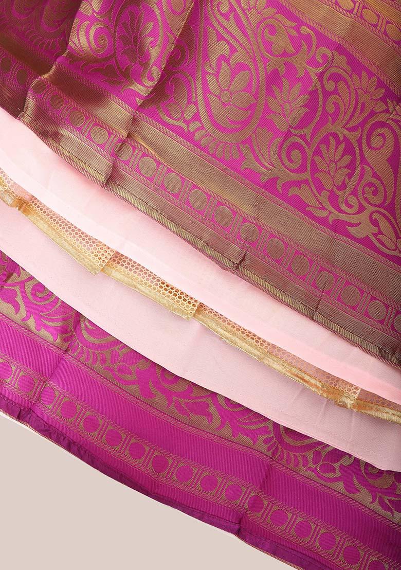 Pink Zari Work Silk Lehenga Set - Indya