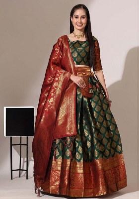Green Zari Work Silk Lehenga Set