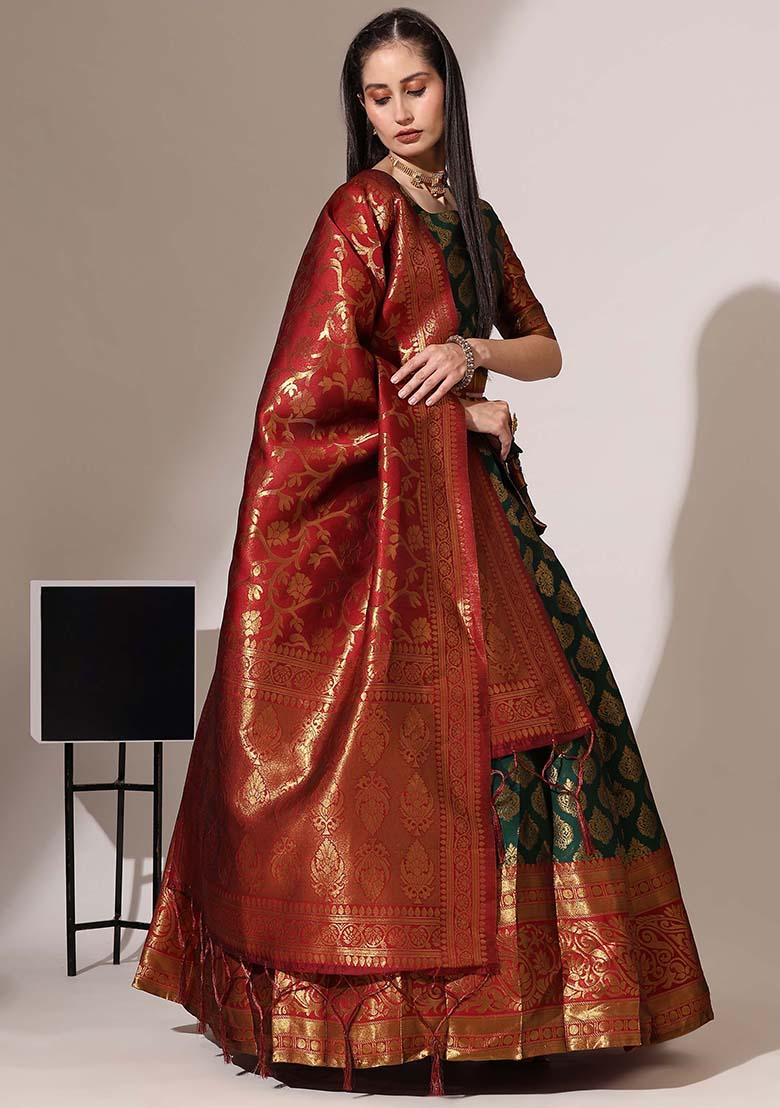 Green Zari Work Silk Lehenga Set - Indya