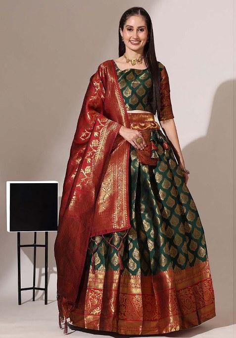 Green Zari Work Silk Lehenga Set