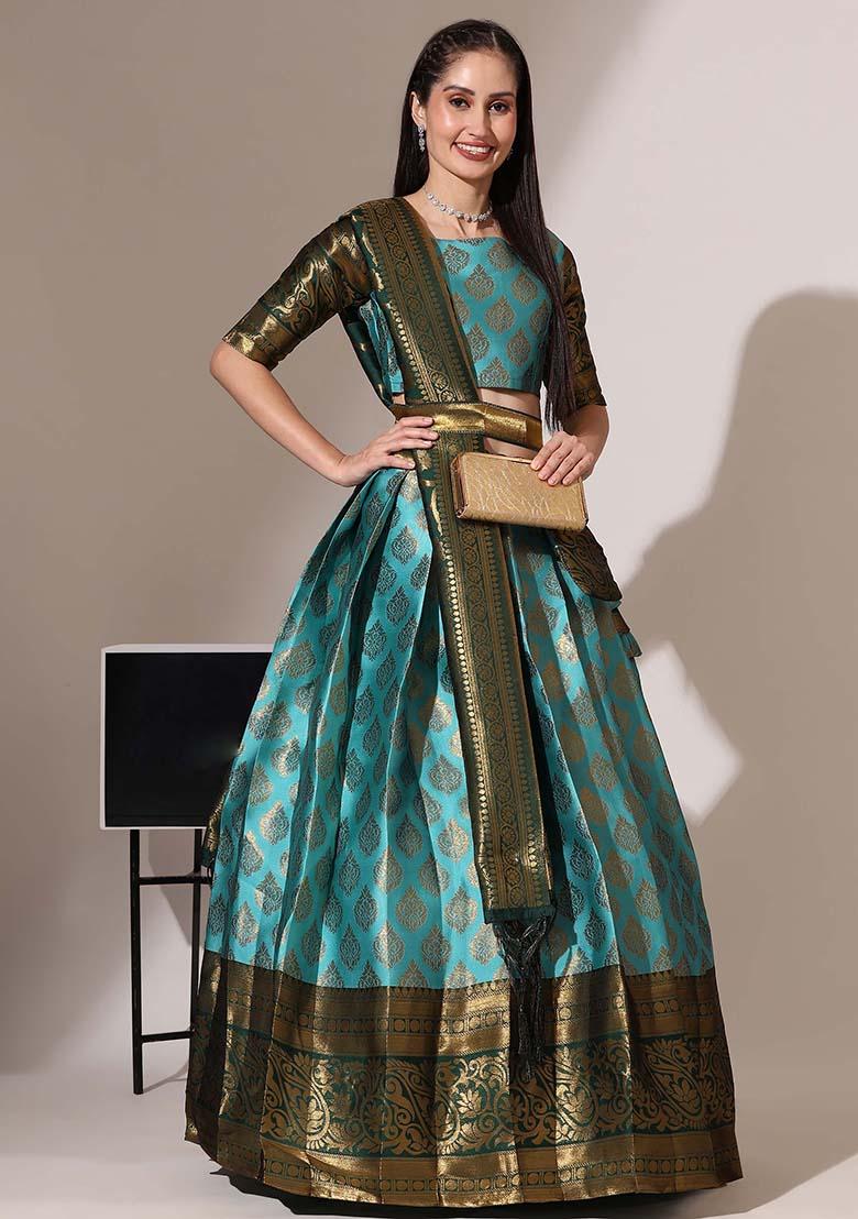 See Green Zari Work Silk Lehenga Set - Indya