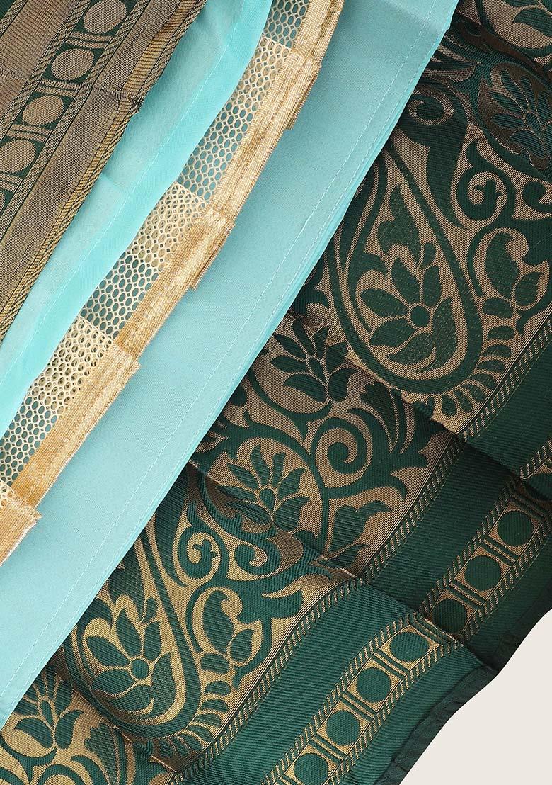 See Green Zari Work Silk Lehenga Set - Indya