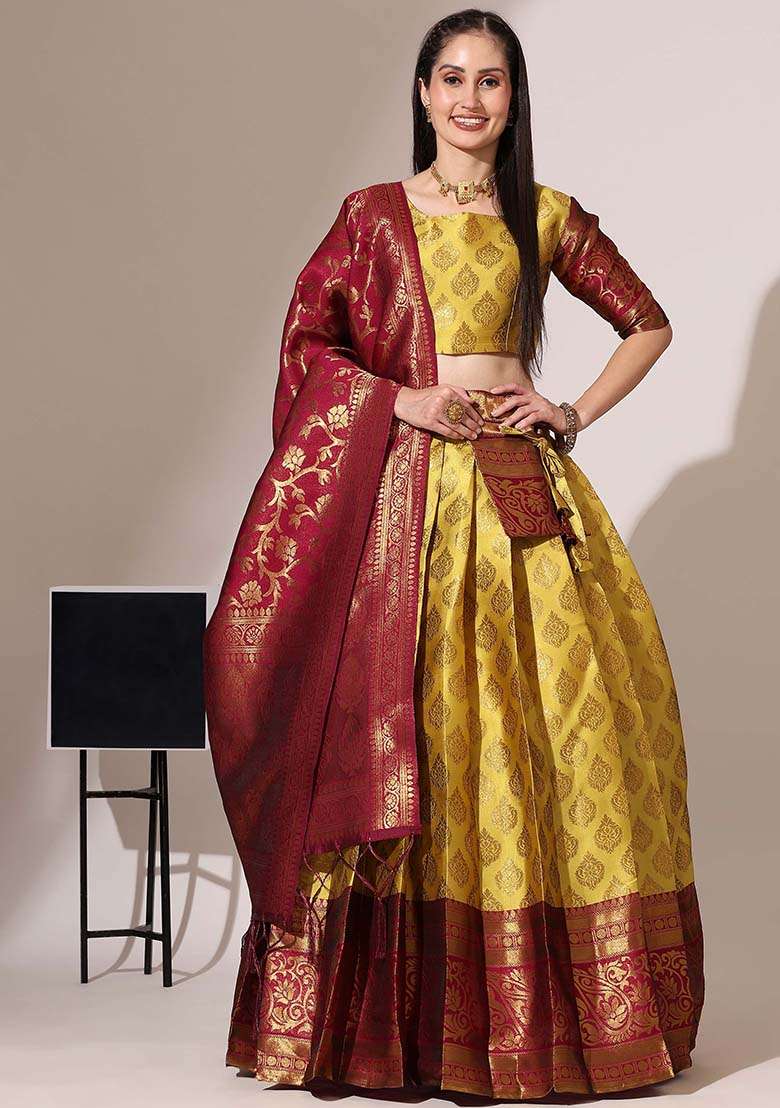 Yellow Zari Work Silk Blend Lehenga Set for Diwali and Festive Wear - Indya