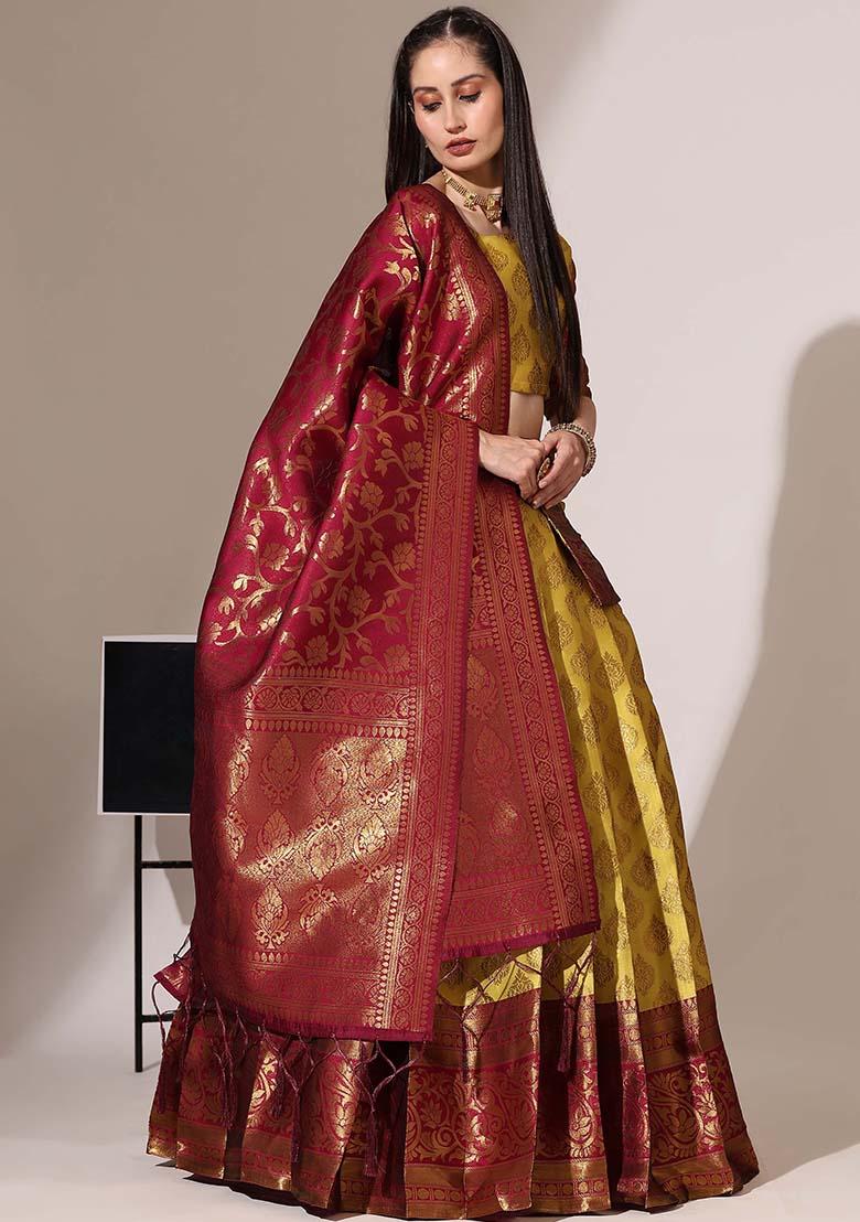 Yellow Zari Work Silk Lehenga Set - Indya