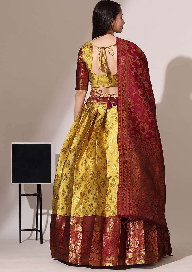Yellow Zari Work Silk Blend Lehenga Set for Diwali and Festive Wear - Indya