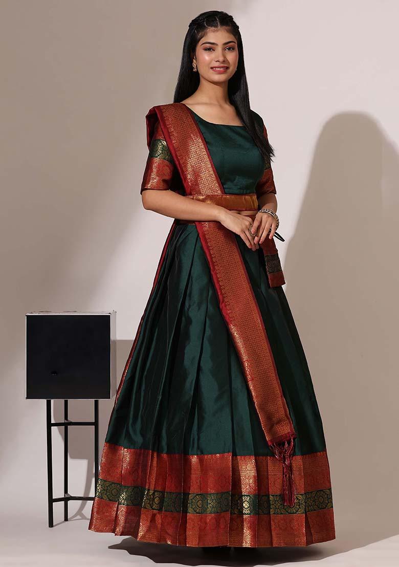 Green Zari Work Silk Lehenga Set - Indya