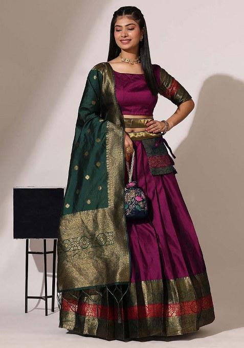 Wine Zari Work Silk Lehenga Set