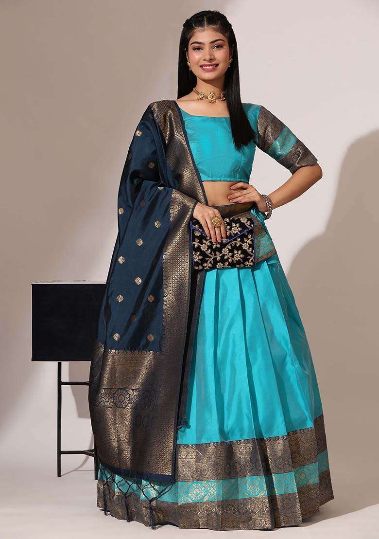 Sky Blue Zari Work Silk Blend Lehenga Set for Diwali and Festive Wear - Indya