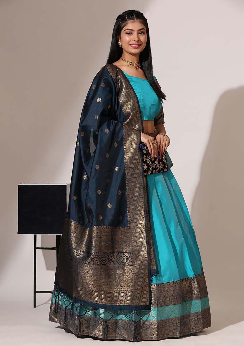 Sky Blue Zari Work Silk Lehenga Set - Indya