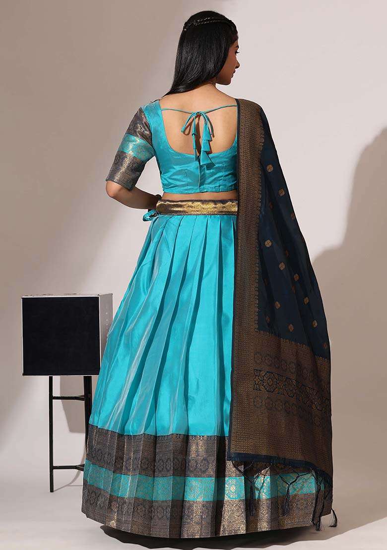 Sky Blue Zari Work Silk Blend Lehenga Set for Diwali and Festive Wear - Indya