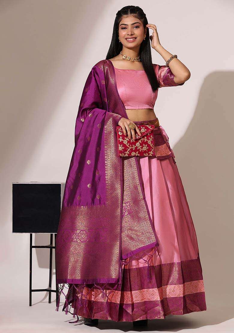 Pink Silk Blend Lehenga Set with Zari Work for Diwali | Wedding & Festive Wear - Indya