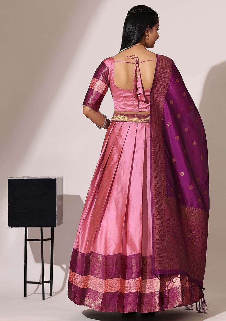 Pink Silk Blend Lehenga Set with Zari Work for Diwali | Wedding & Festive Wear - Indya