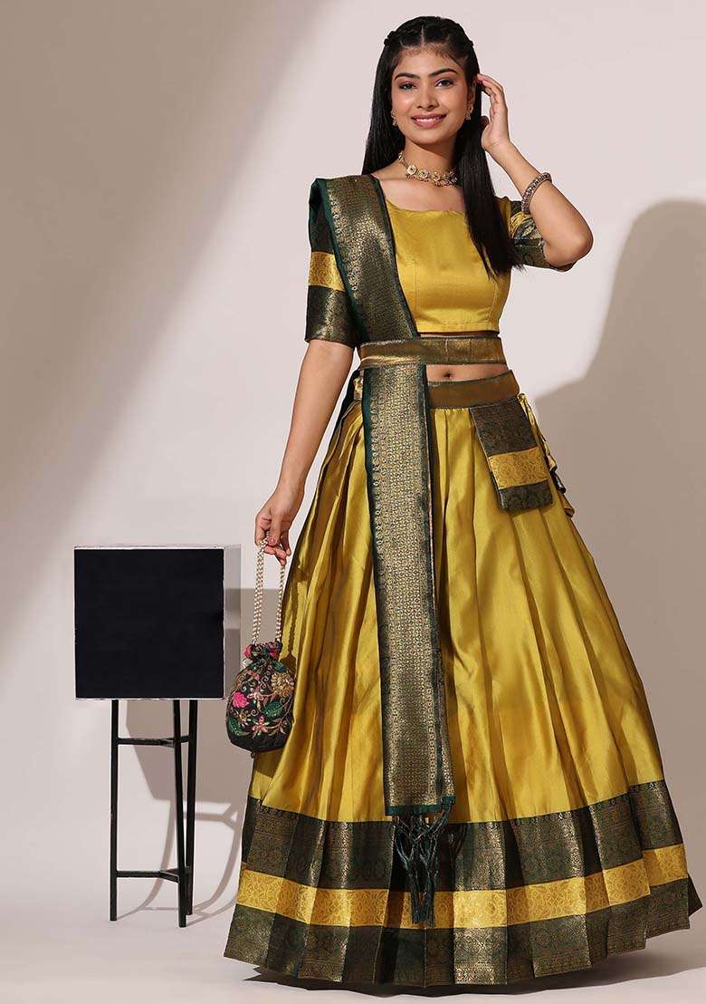 Yellow Silk Blend Lehenga Set with Zari Work for Diwali | Wedding & Festive Wear - Indya