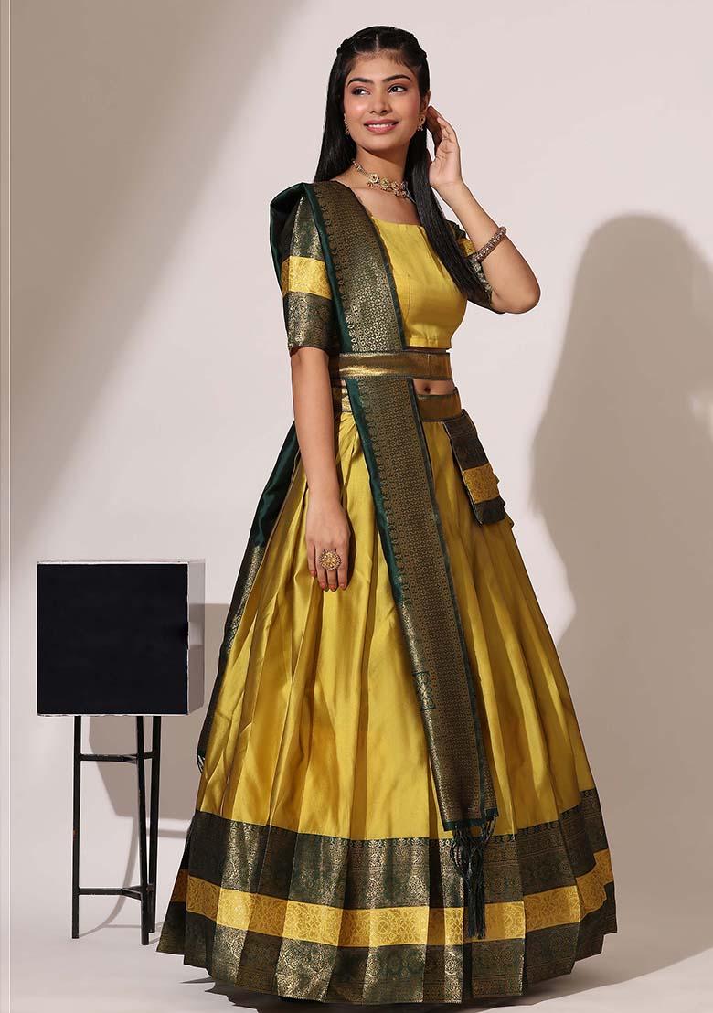 Yellow Zari Work Silk Lehenga Set - Indya