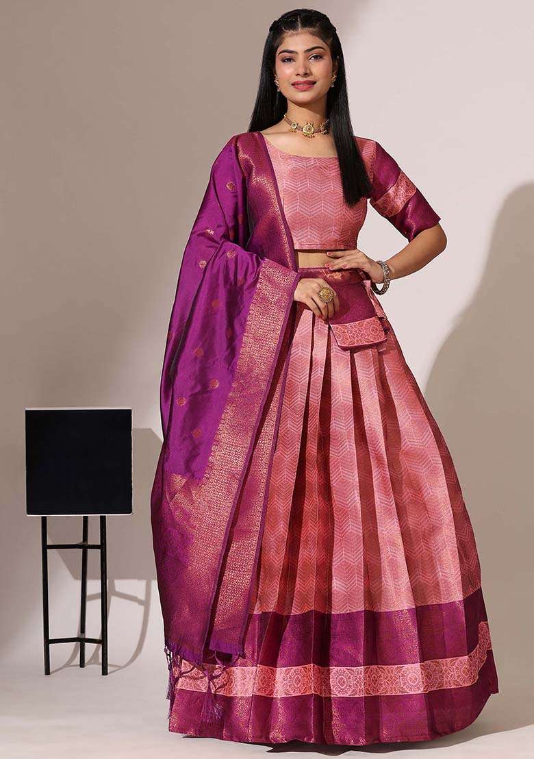 Pink Zari Work Silk Blend Lehenga Set for Diwali and Festive Wear - Indya