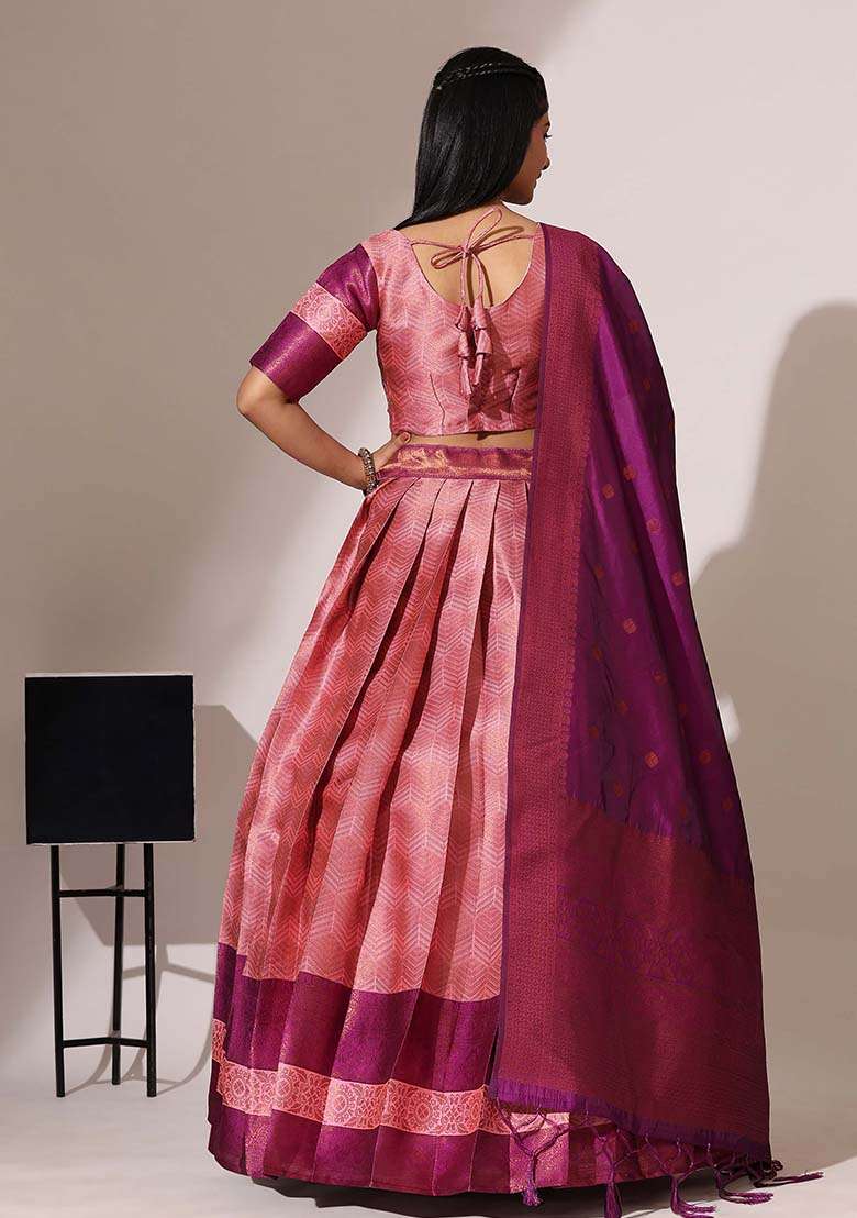 Pink Zari Work Silk Blend Lehenga Set for Diwali and Festive Wear - Indya