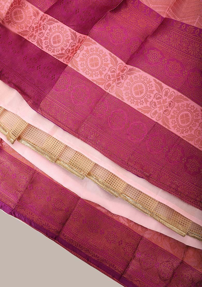 Pink Zari Work Silk Lehenga Set - Indya
