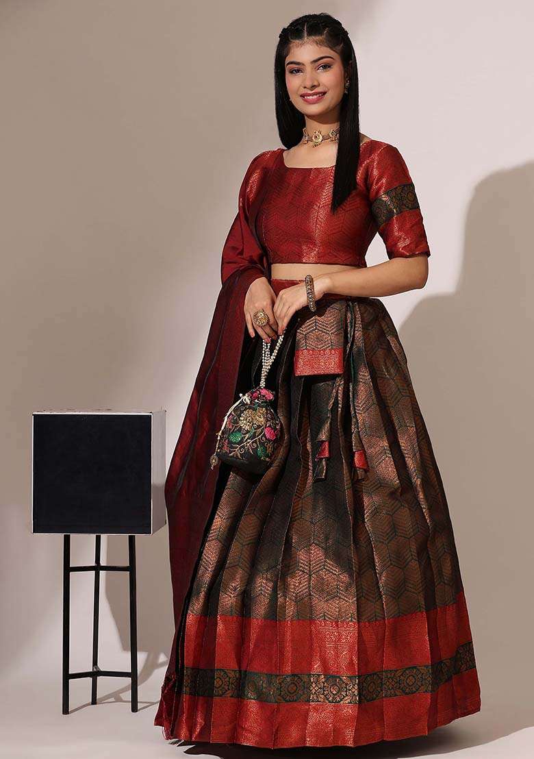 Green Zari Work Silk Blend Lehenga Set for Diwali and Festive Wear - Indya
