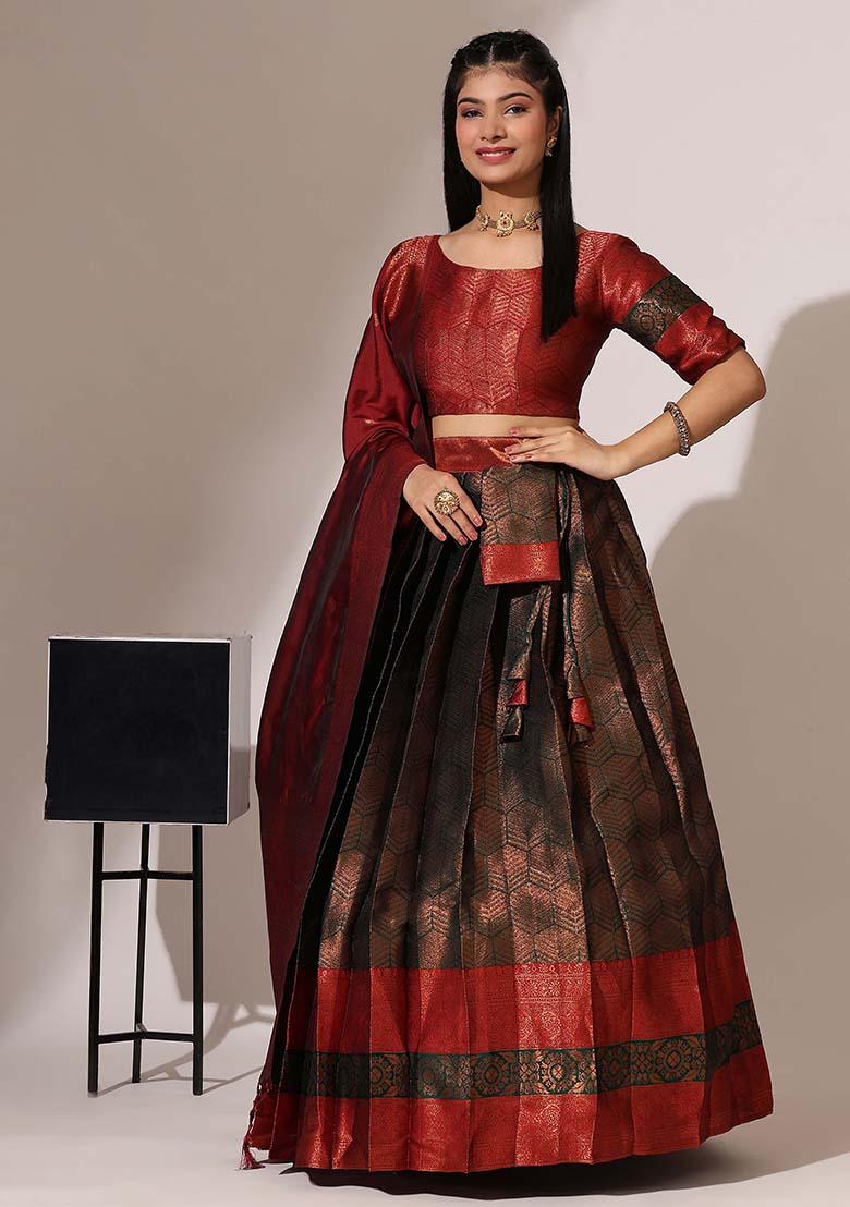 Green Zari Work Silk Lehenga Set - Indya