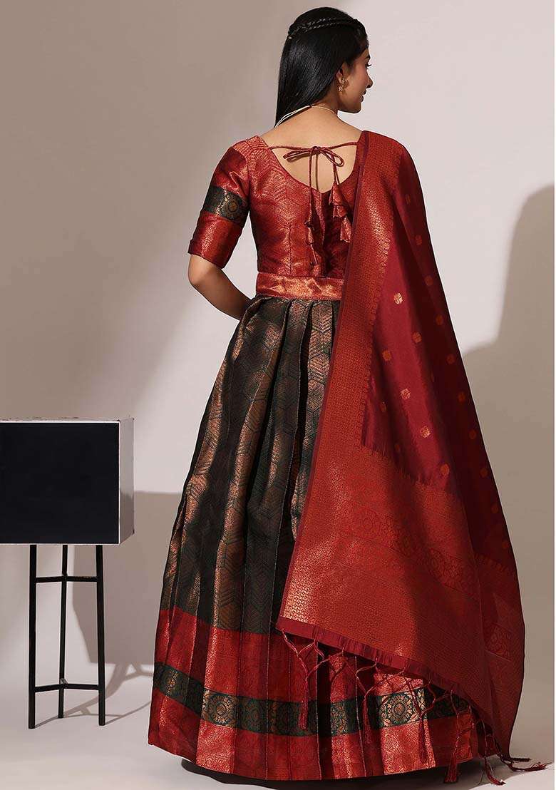 Green Zari Work Silk Blend Lehenga Set for Diwali and Festive Wear - Indya