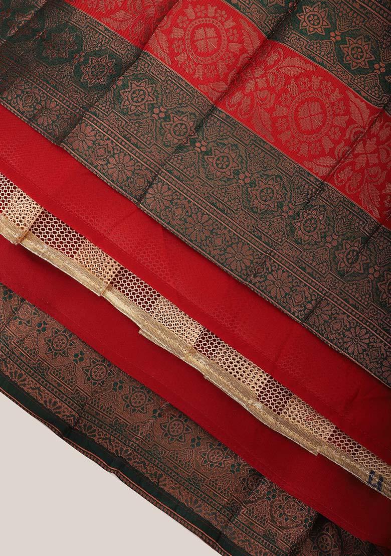 Green Zari Work Silk Lehenga Set - Indya